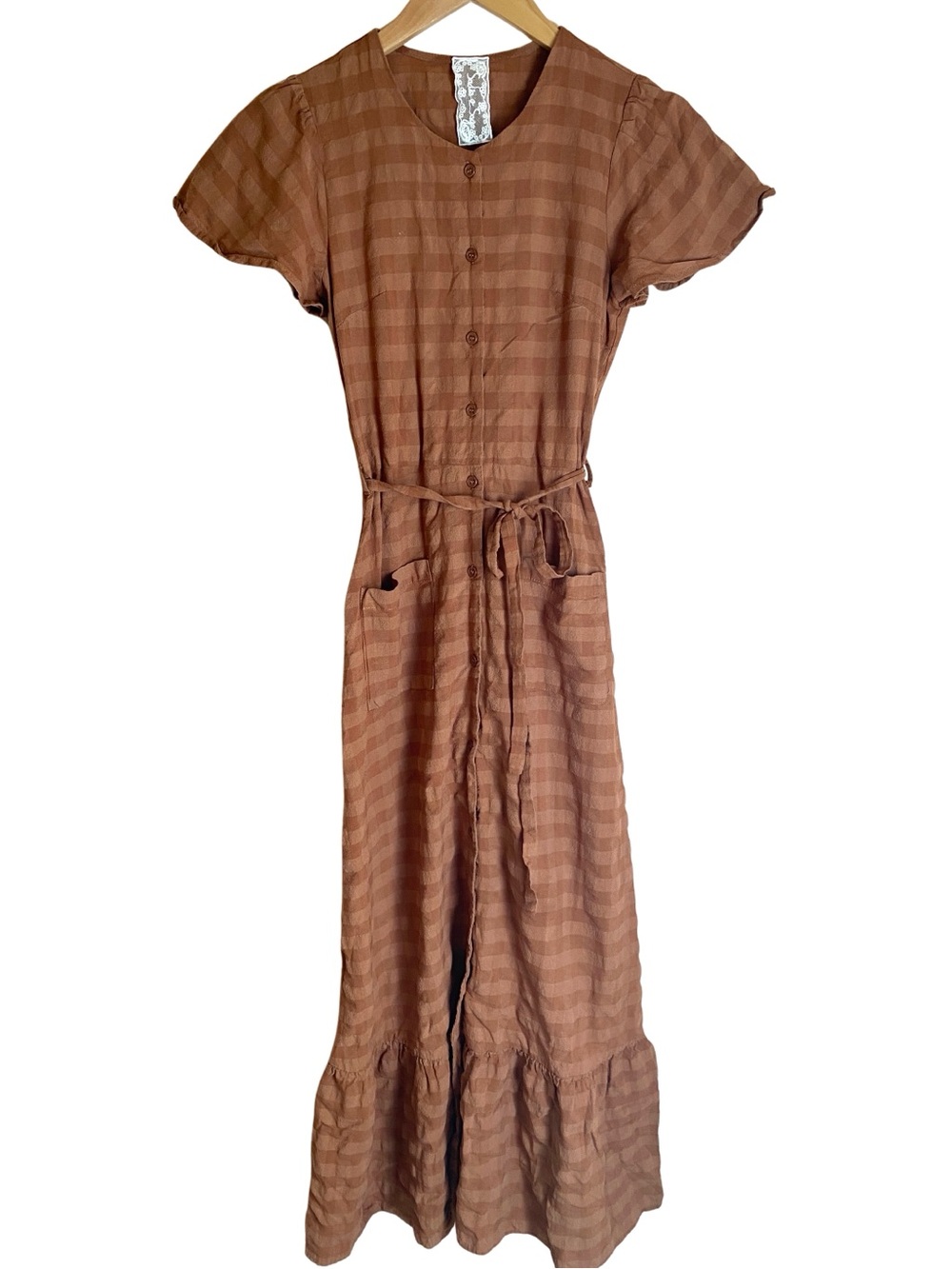Sadie & Sage Gatlinburg Maxi Dress Brown Rust Gingham Plaid - Size XS